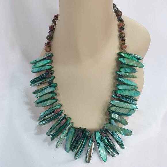 Green Paua Abalone Sea Shell Necklace Artisan Unakite Stones Tribal Spike Unique - Picture 1 of 11